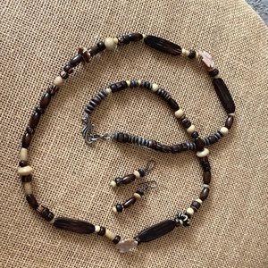 36” long boho wood and glass beaded necklace with matching earrings